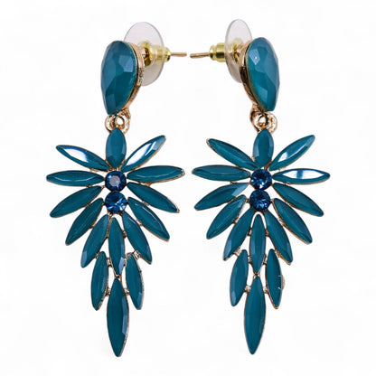 Teal green vintage glass long drop earrings swaying gently