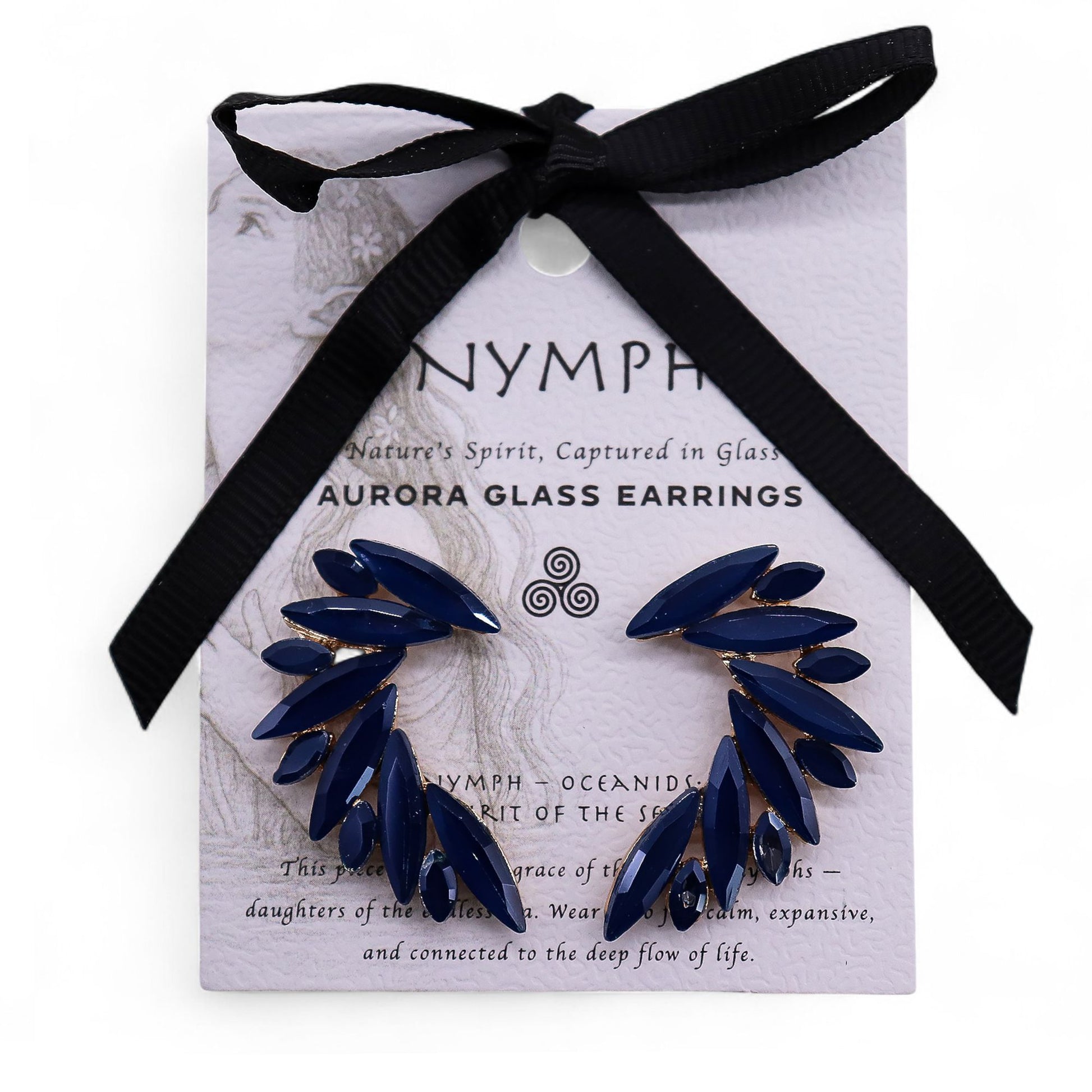 Navy blue glass earrings on a 'NYMPH' branded card with a black ribbon.