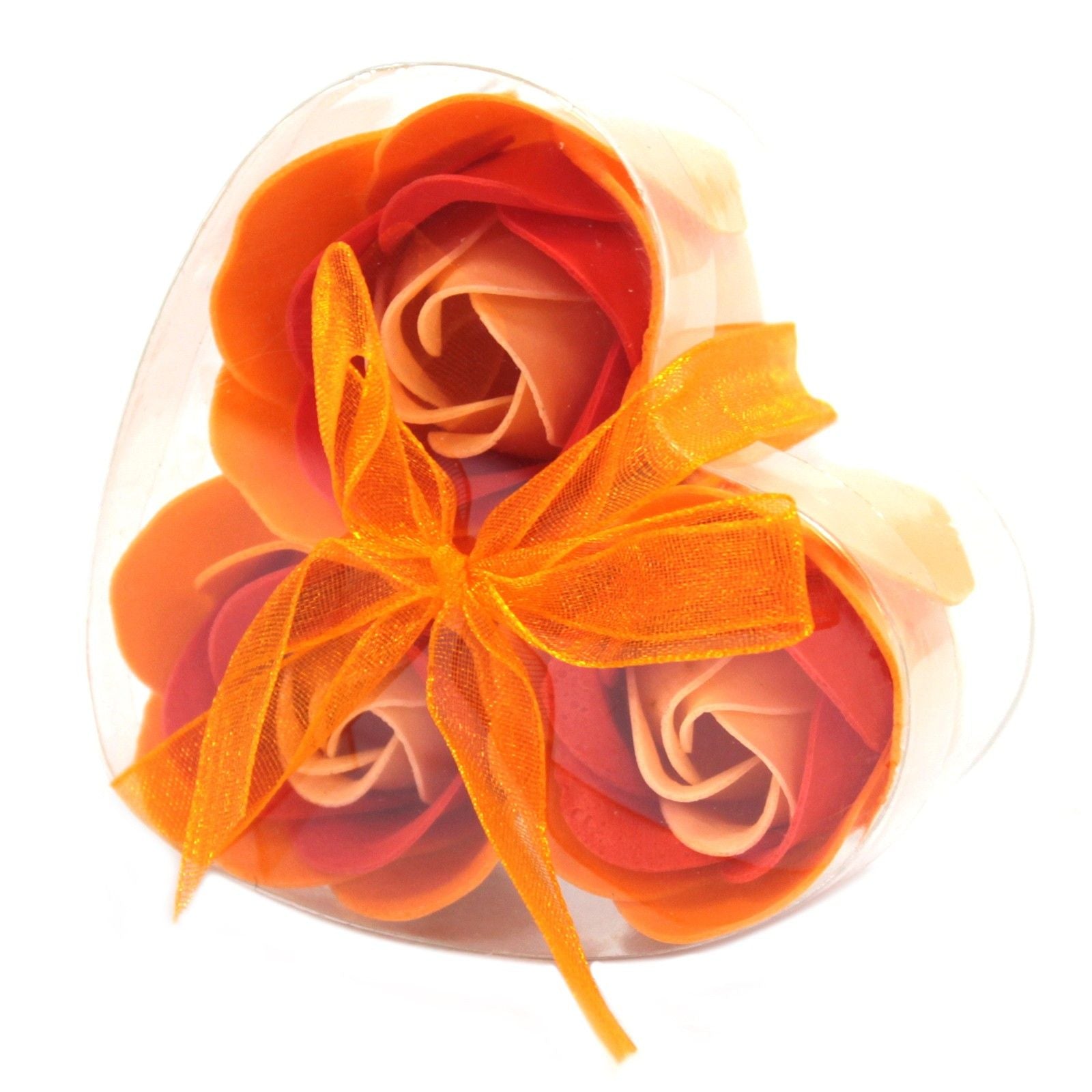 Set of 3 luxury orange soap flowers, featuring realistic rose petals in soft pastel tones, beautifully arranged and ready for gifting or bath use