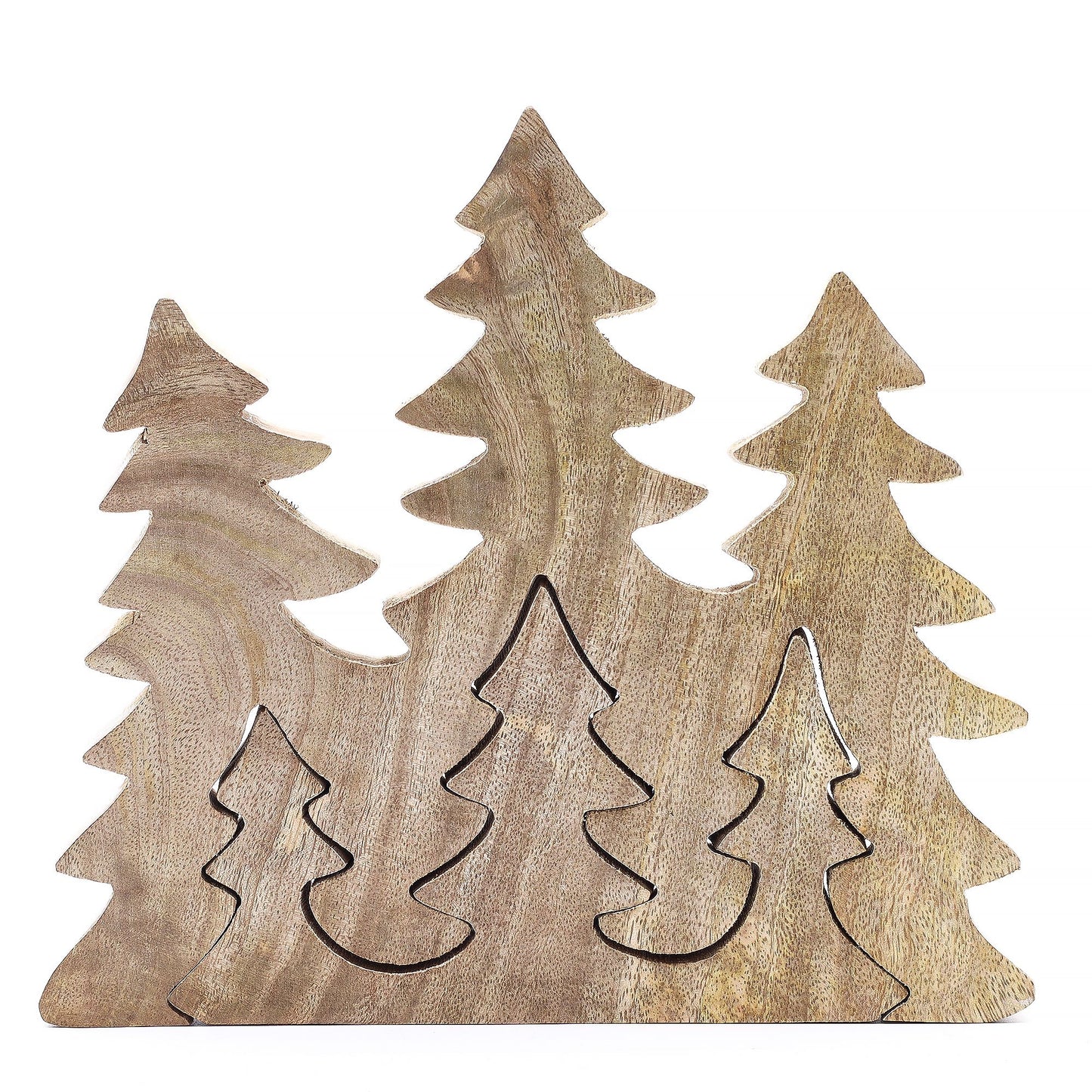 20×23cm 3D mango wood three pine trees decoration with deep green enamel branches on wooden base, styled on winter mantel with fairy lights and snow