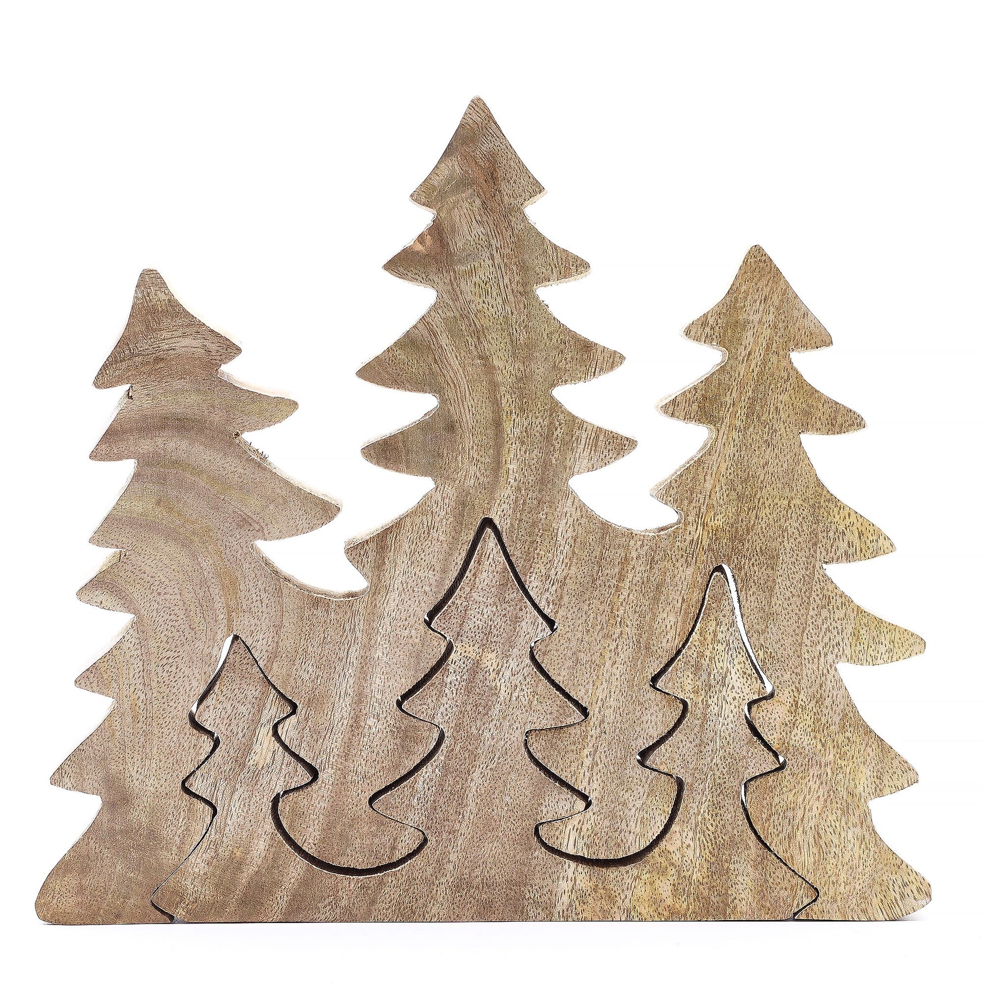 20×23cm 3D mango wood three pine trees decoration with deep green enamel branches on wooden base, styled on winter mantel with fairy lights and snow