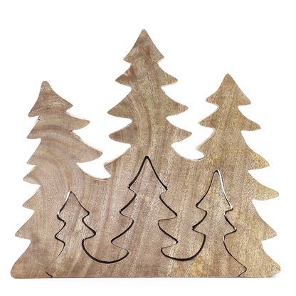 20×23cm 3D mango wood three pine trees decoration with deep green enamel branches on wooden base, styled on winter mantel with fairy lights and snow