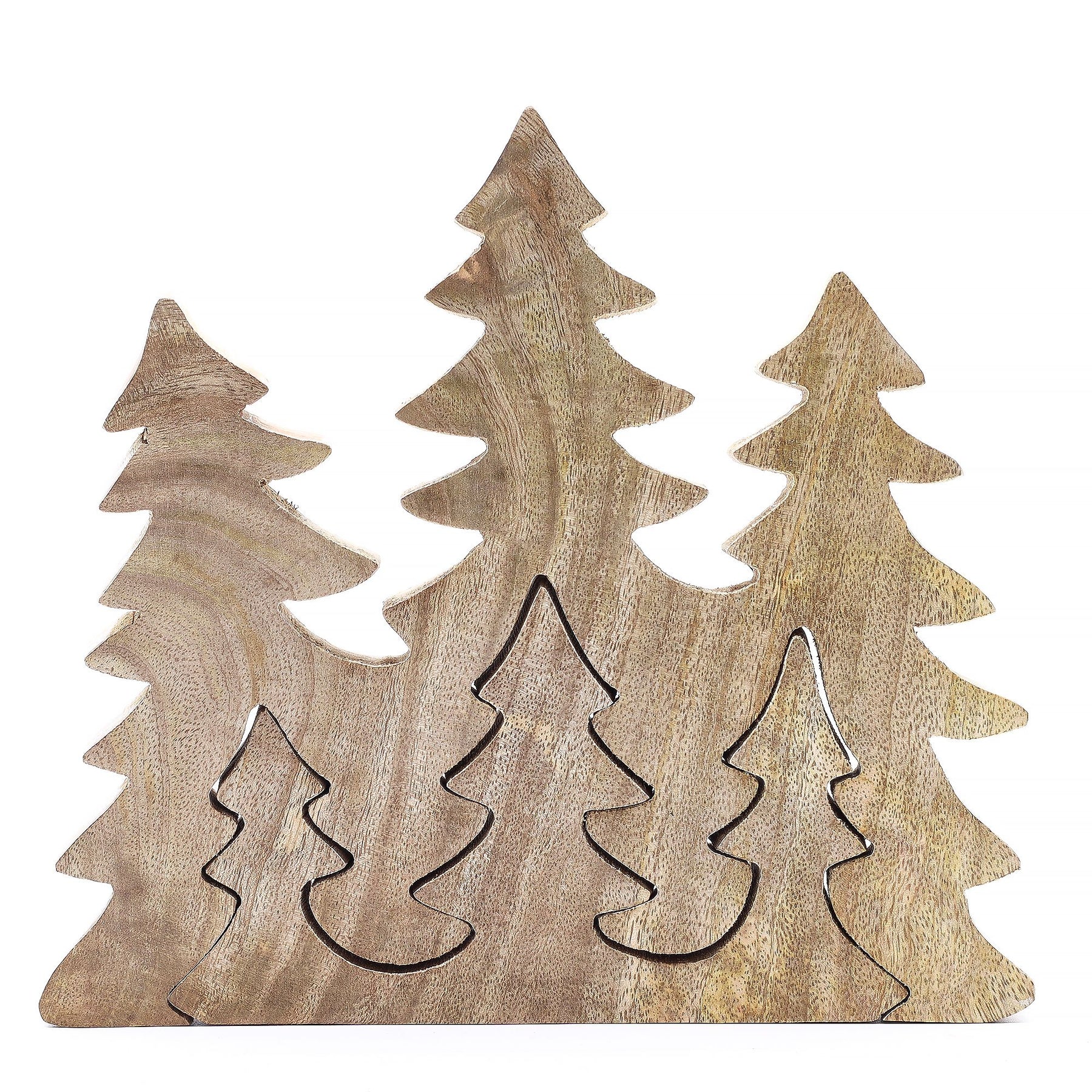 20×23cm 3D mango wood three pine trees decoration with deep green enamel branches on wooden base, styled on winter mantel with fairy lights and snow
