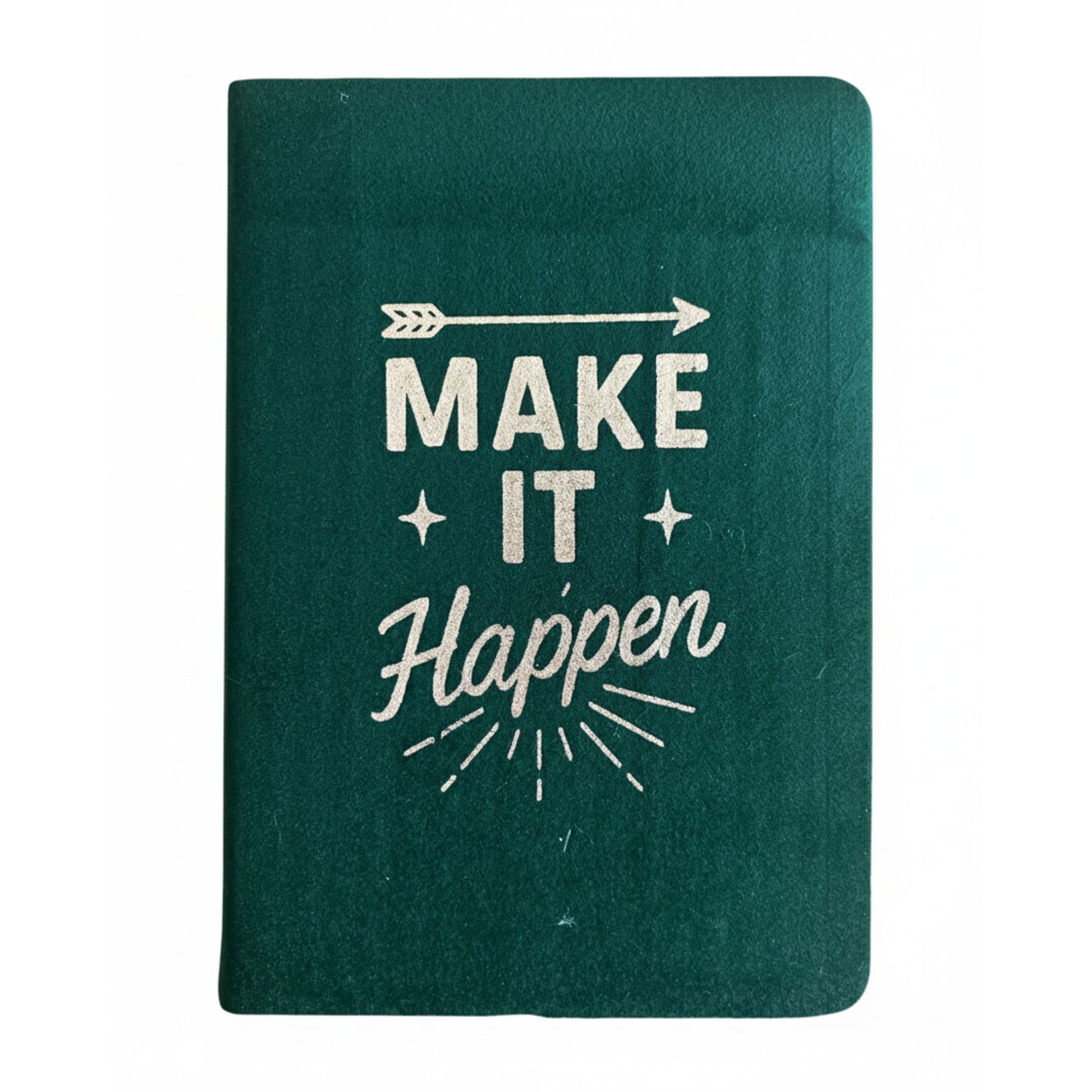 Deep green velvet notebook with gleaming silver “Make It Happen” script
