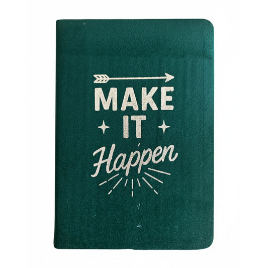 Deep green velvet notebook with gleaming silver “Make It Happen” script