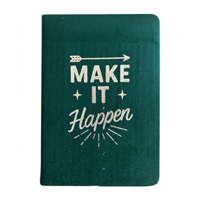 Deep green velvet notebook with gleaming silver “Make It Happen” script