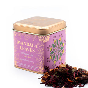 Tea canister labeled 'Mandala Leaves' with dried tea leaves on a white background