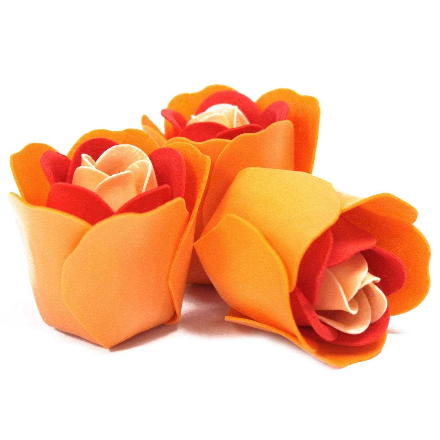 Set of 3 luxury orange soap flowers, featuring realistic rose petals in soft pastel tones, beautifully arranged and ready for gifting or bath use