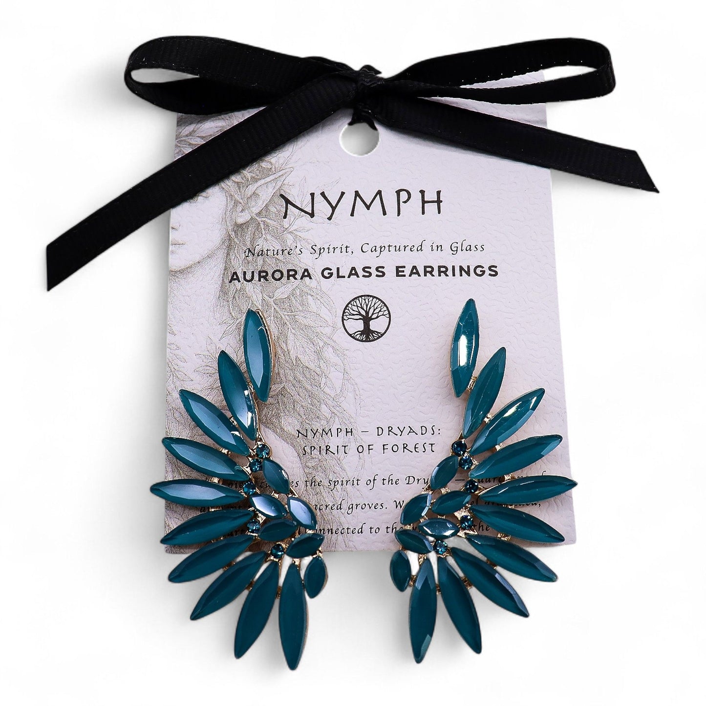 Teal earrings on a Nymph branded card with a black ribbon