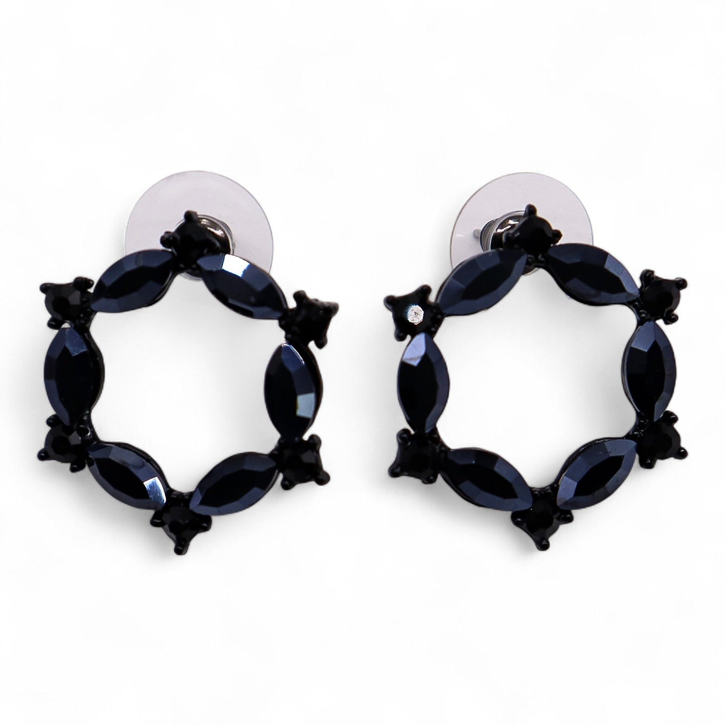 Jet black vintage glass circle loop earrings