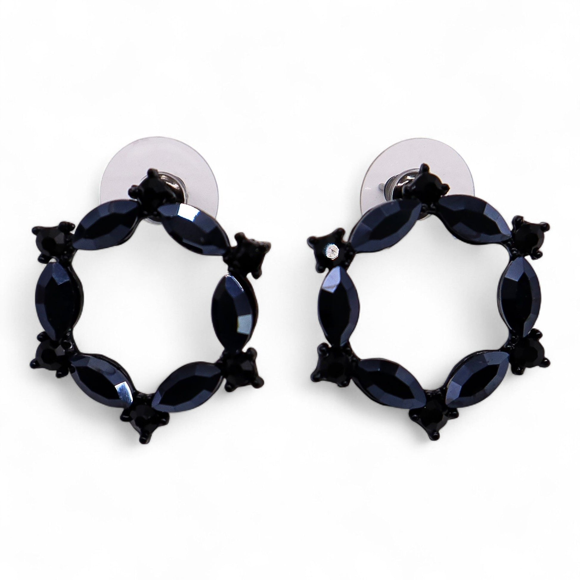 Jet black vintage glass circle loop earrings