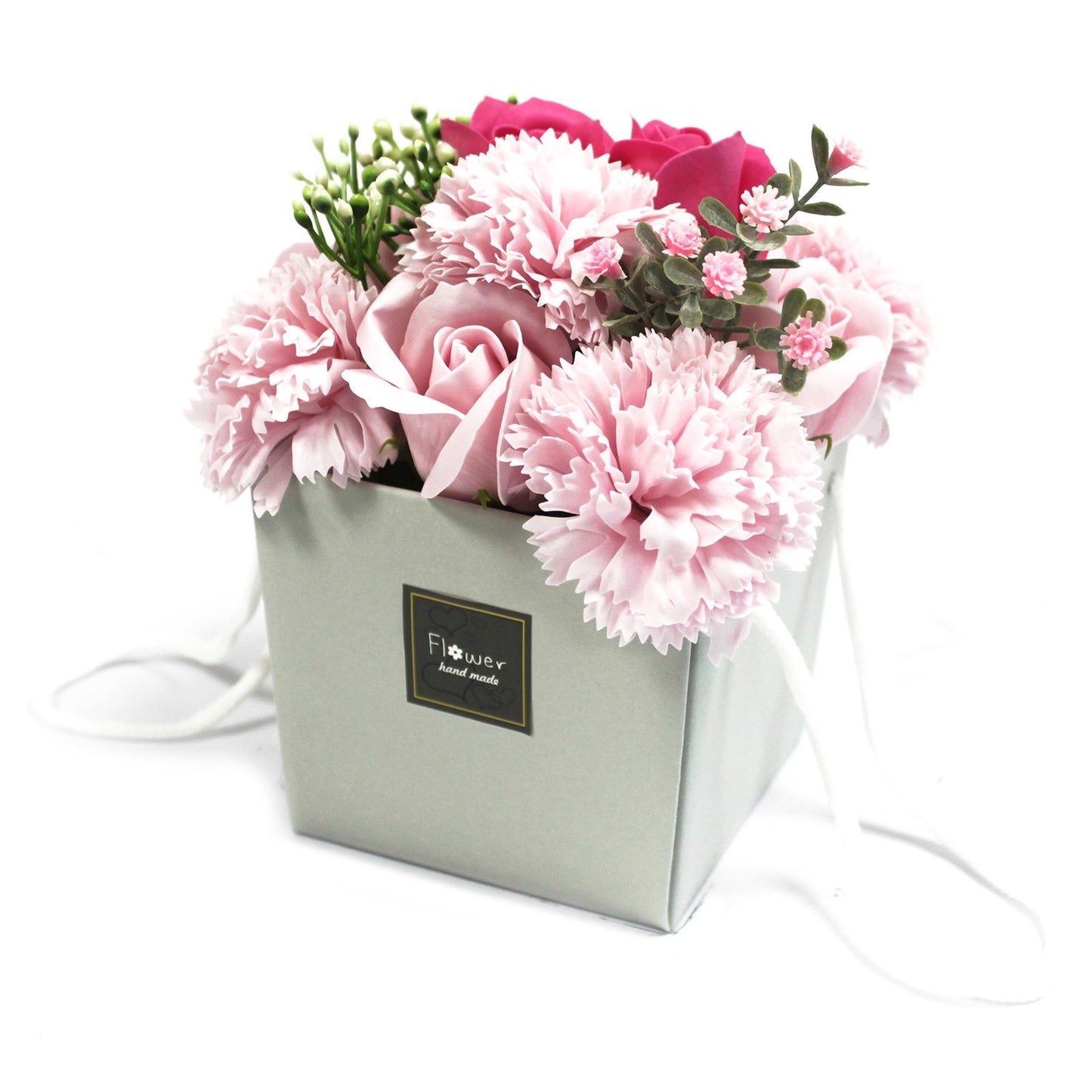 Luxury soap flower bouquet featuring realistic pink roses and carnations
