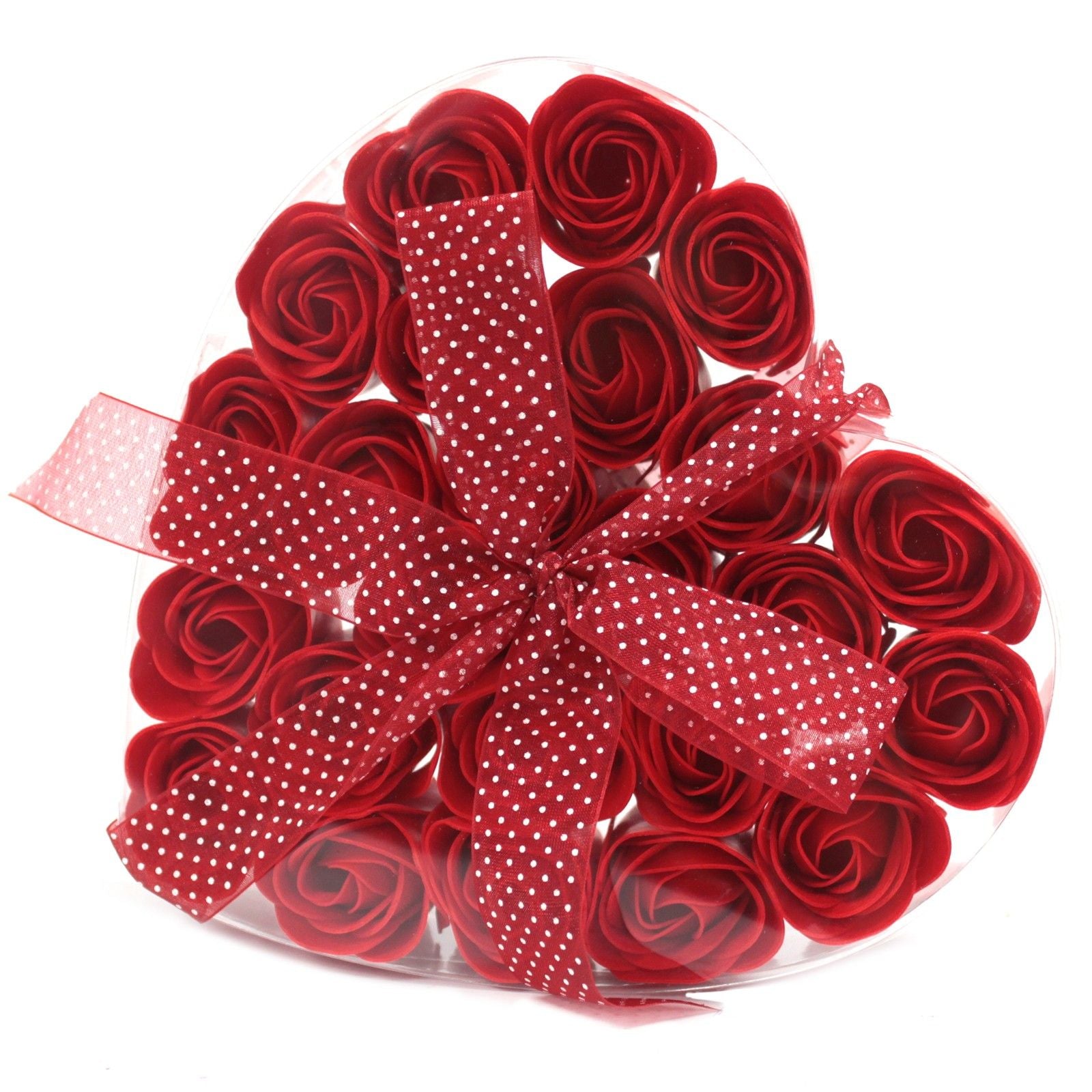 Set of 24 luxury soap red roses beautifully arranged in large heart-shaped gift box, realistic petal details in soft romantic colours, ready for bath or decorative display