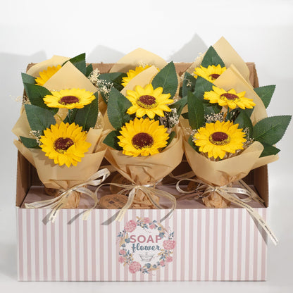 Full bouquet styled in bright home setting or bathroom with fresh sunflowers for uplifting gift presentation
