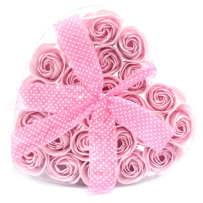 Set of 24 luxury soap pink roses beautifully arranged in a large heart-shaped gift box, realistic petal details in soft romantic colours, ready for bath or decorative display