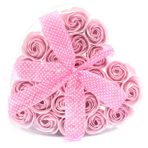 Set of 24 luxury soap pink roses beautifully arranged in a large heart-shaped gift box, realistic petal details in soft romantic colours, ready for bath or decorative display
