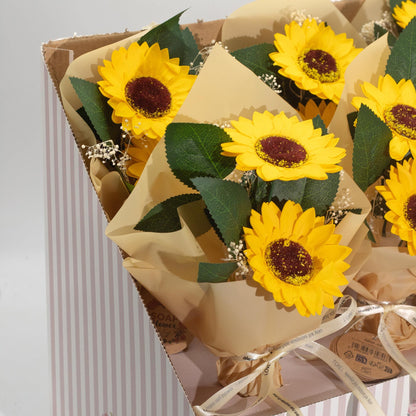 Detail of lifelike soap sunflower petals with bright yellow colour and natural centre detail