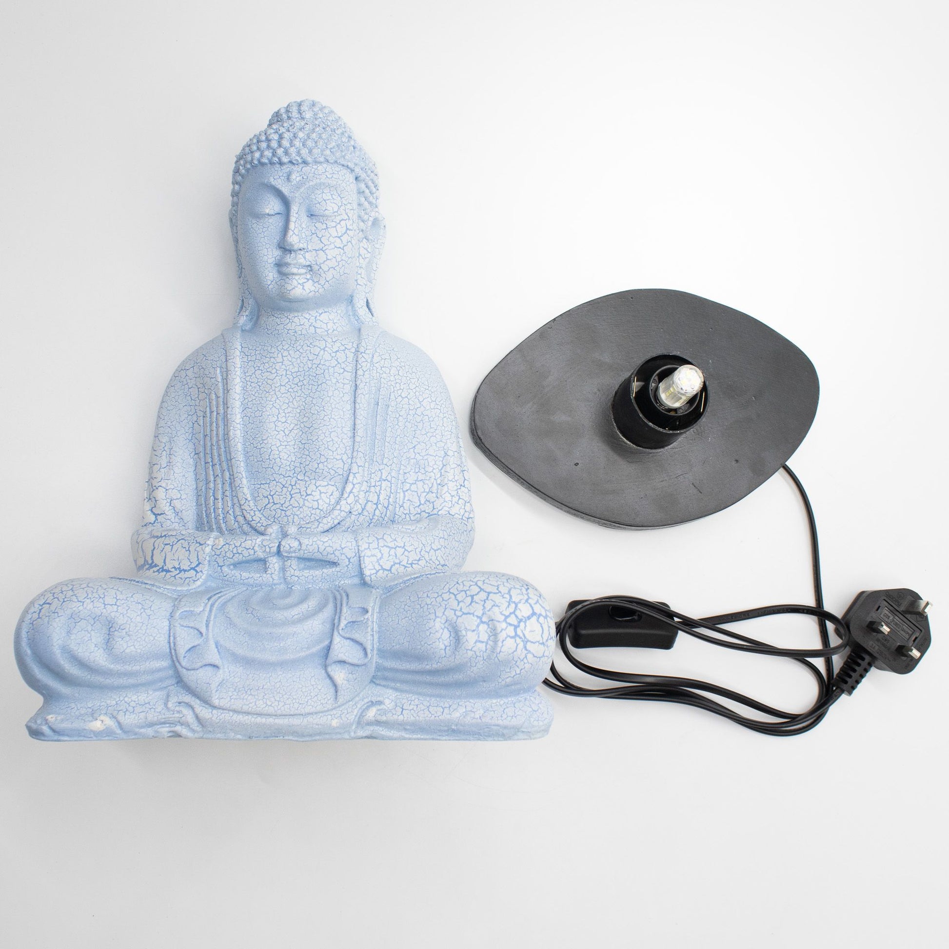 Blue Meditation Buddha Lamp with crackle textured surface with a lamp base and power cord