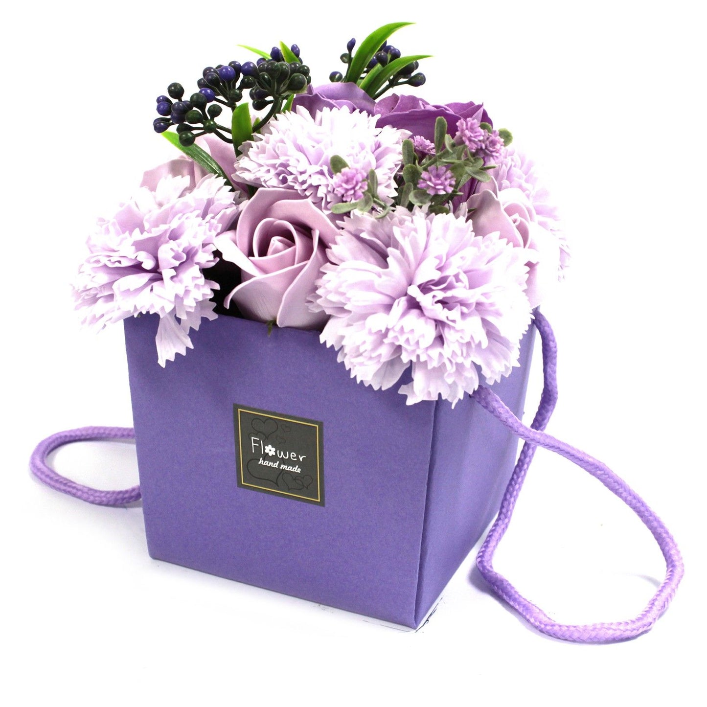 Luxury soap flower bouquet featuring realistic lavender roses and carnations, artistically arranged in elegant gift packaging with ribbon, presented as bath blooms