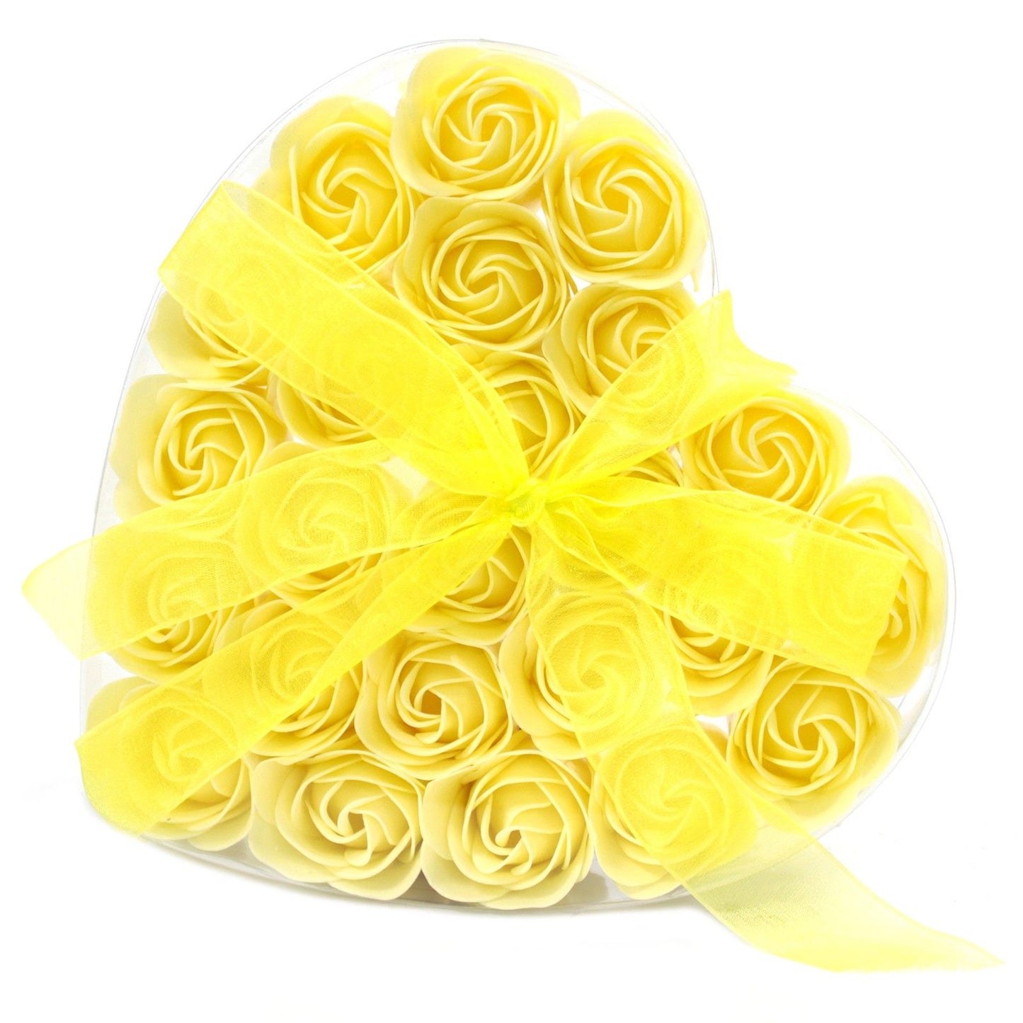 Set of 24 luxury soap yellow roses beautifully arranged in large heart-shaped gift box, realistic petal details in soft romantic colours, ready for bath or decorative display