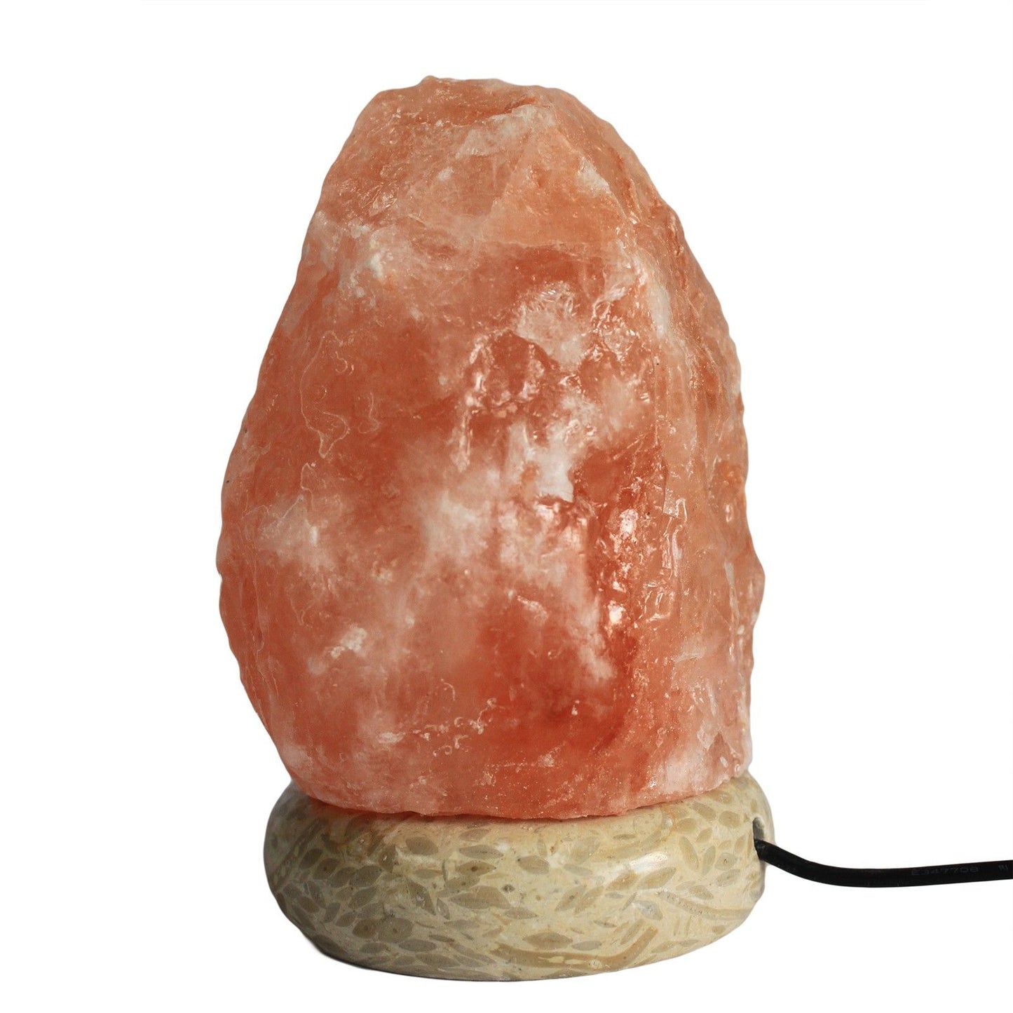 11.5cm natural pink Himalayan salt lamp glowing in multicolour LED mode on wooden base, USB cable visible