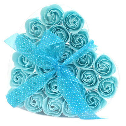 Set of 24 luxury soap blue roses beautifully arranged in large heart-shaped gift box, realistic petal details in soft romantic colours, ready for bath or decorative display
