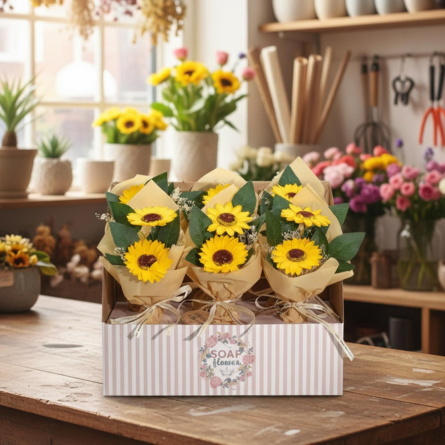 Soap flower bouquets of yellow sunflowers in a decorative box on a wooden table with a floral-themed background.