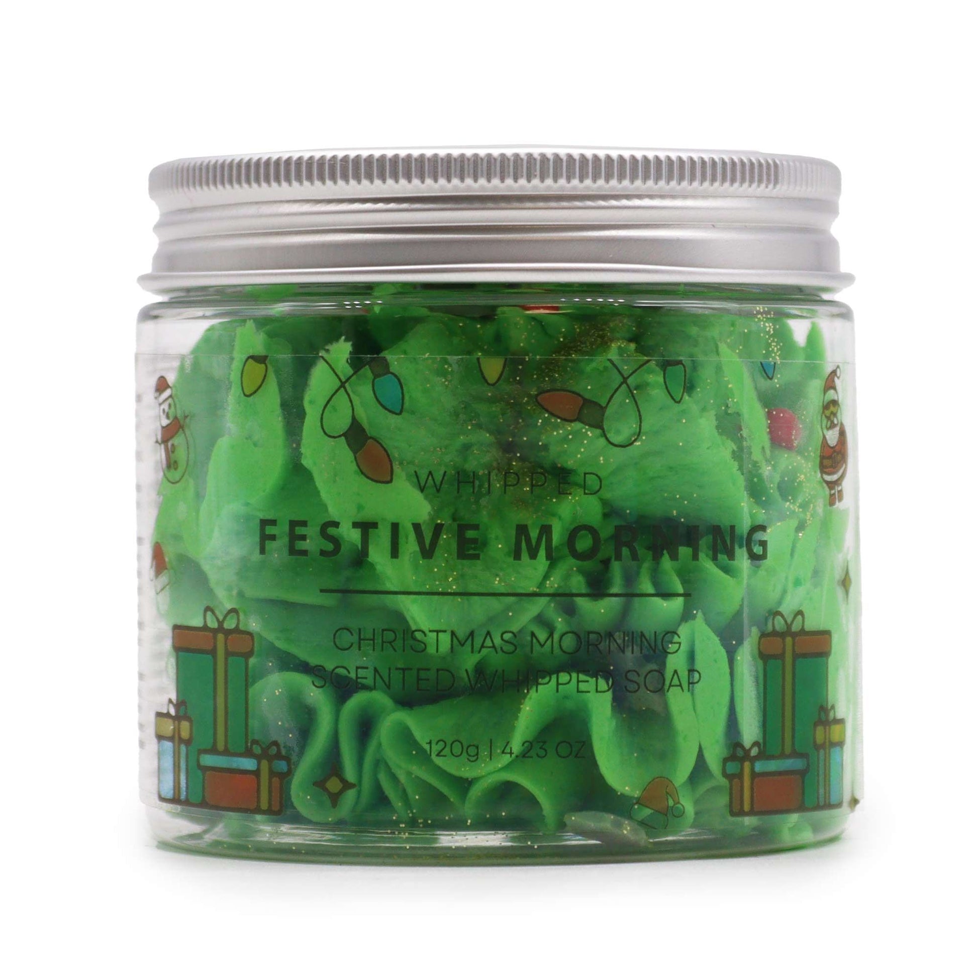 Festive Morning Whipped Soap 120g jar with delicate sugar Christmas trees and sparkling glitter on snowy winter background