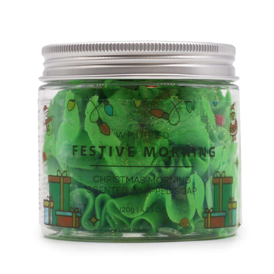 Festive Morning Whipped Soap 120g jar with delicate sugar Christmas trees and sparkling glitter on snowy winter background