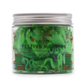 Festive Morning Whipped Soap 120g jar with delicate sugar Christmas trees and sparkling glitter on snowy winter background