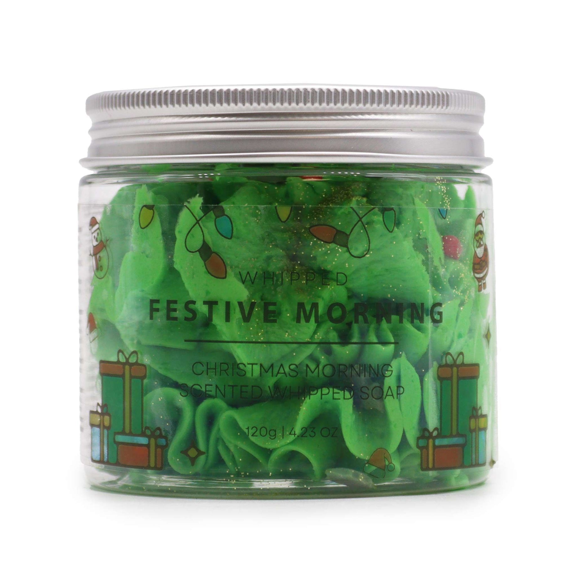 Festive Morning Whipped Soap 120g jar with delicate sugar Christmas trees and sparkling glitter on snowy winter background