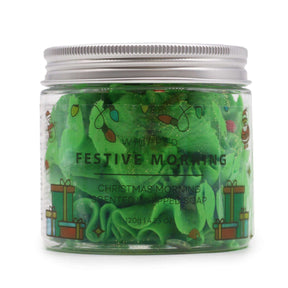 Festive Morning Whipped Soap 120g jar with delicate sugar Christmas trees and sparkling glitter on snowy winter background