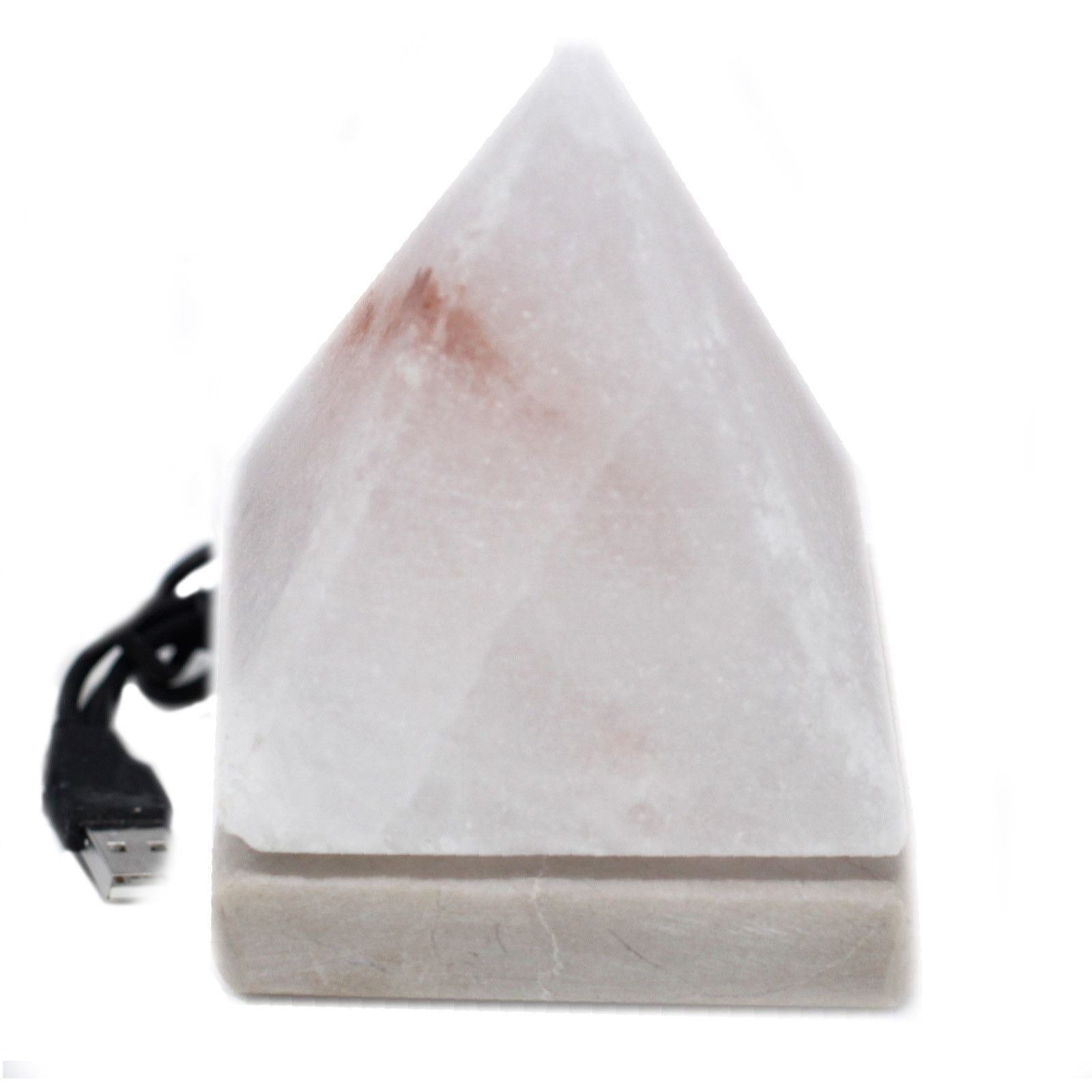 White pyramid Himalayan salt lamp cycling through rainbow colours, pink salt crystal glowing inside, USB cable