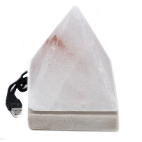 White pyramid Himalayan salt lamp cycling through rainbow colours, pink salt crystal glowing inside, USB cable