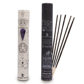 Incense sticks and pendulum with their packaging featuring mystical symbols on a white background