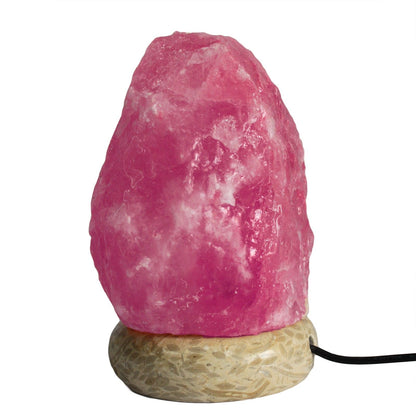 11.5cm natural pink Himalayan salt lamp glowing in multicolour LED mode on wooden base, USB cable visible