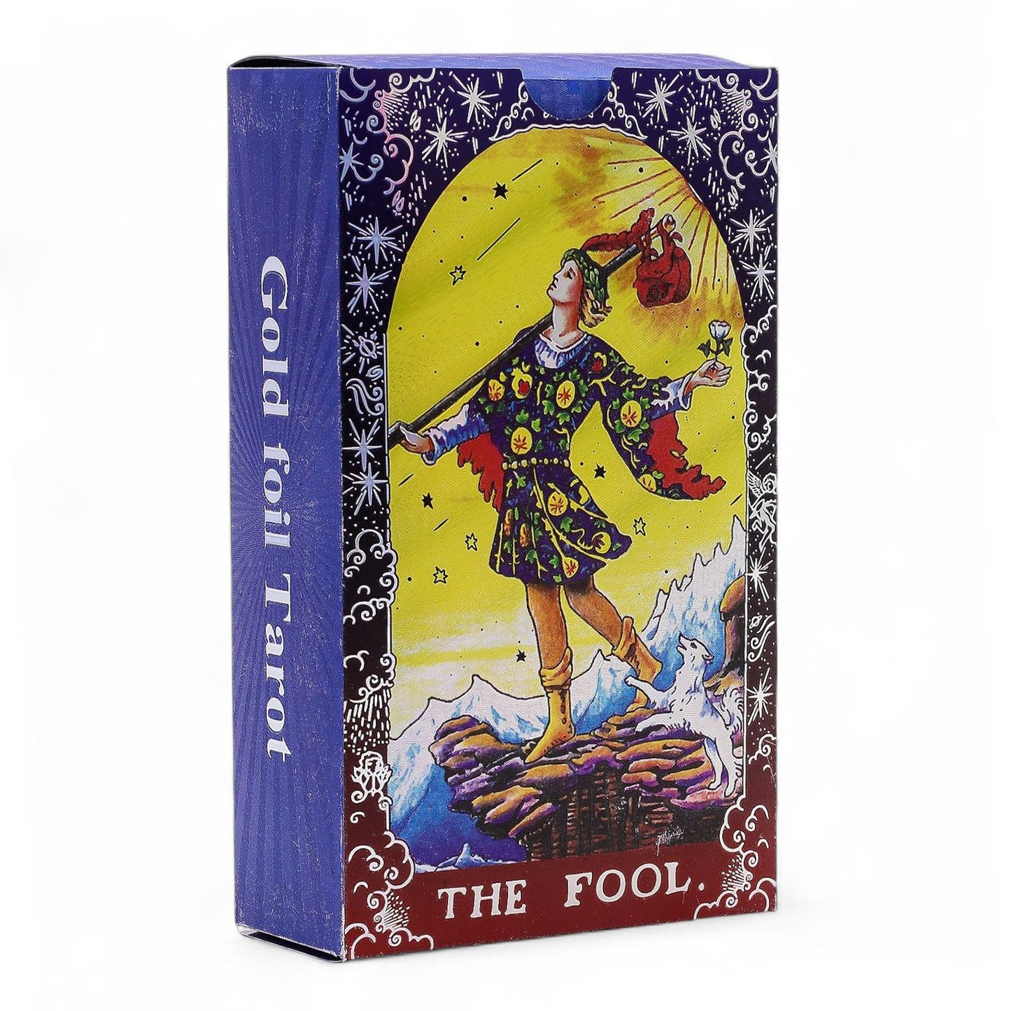 Blue foil Mandala Tarot Deck fanned out showing intricate gold mandala designs on deep blue cards, guidebook and box