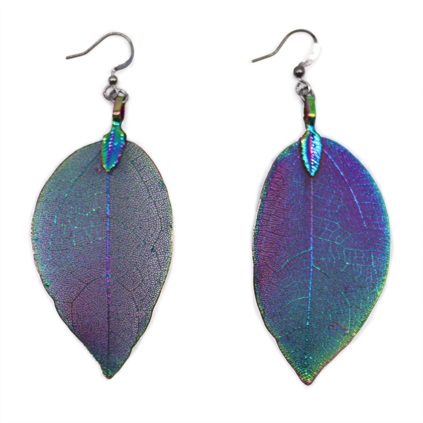 Rainbow-multicolour real-leaf earrings catching prismatic light