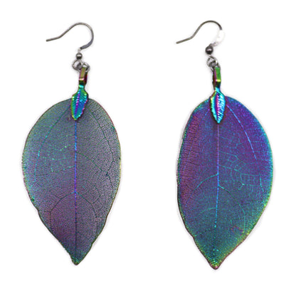 Rainbow-multicolour real-leaf earrings catching prismatic light