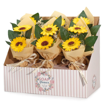 Two Sunflower Soap Flower Bouquet with vibrant yellow petals and delicate white accents, wrapped in elegant paper with ribbon, presented as cheerful bath and décor gift