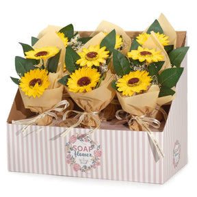 Two Sunflower Soap Flower Bouquet with vibrant yellow petals and delicate white accents, wrapped in elegant paper with ribbon, presented as cheerful bath and décor gift