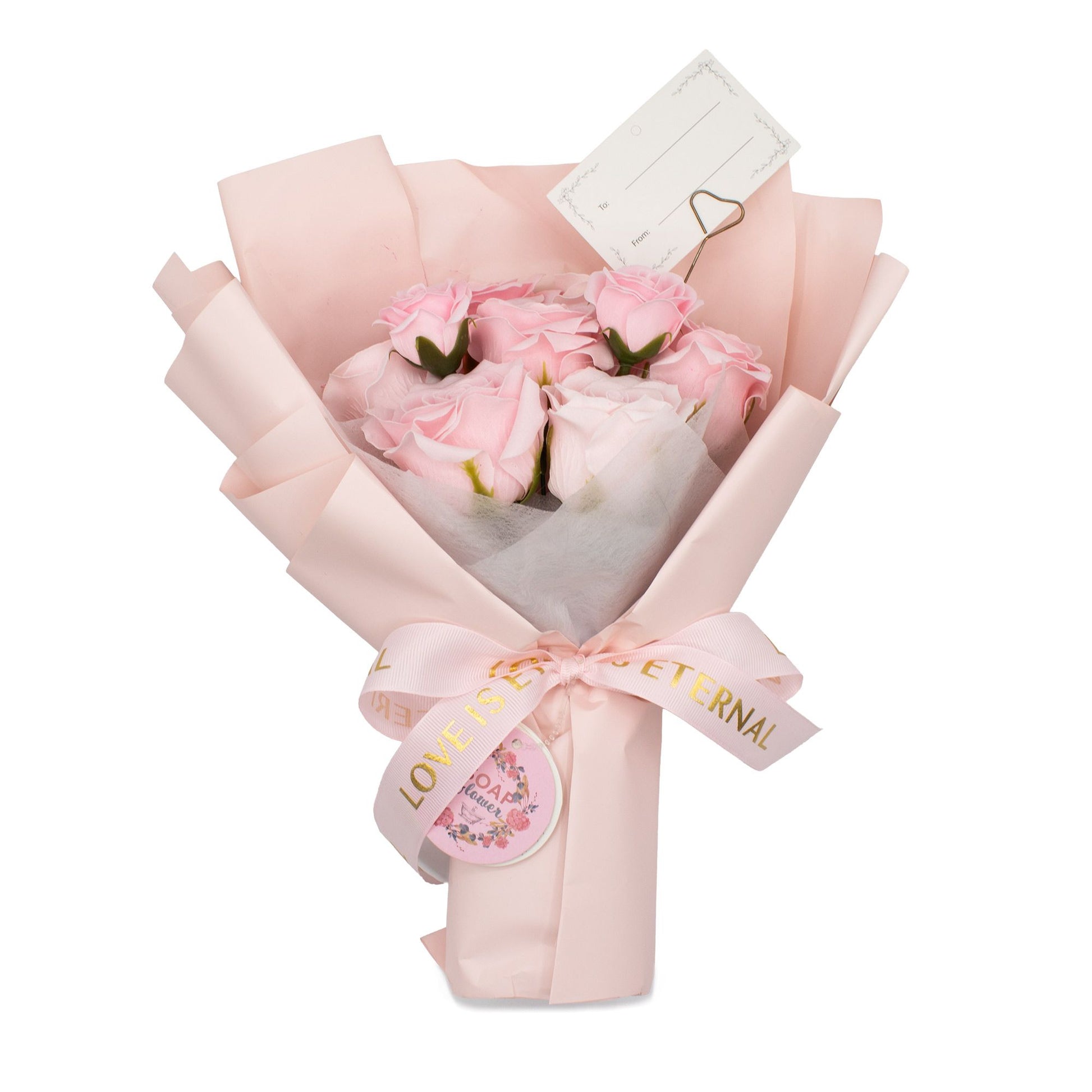 Soap rose bouquet placed beside open gift card with gold heart holder, ready for personal handwritten message