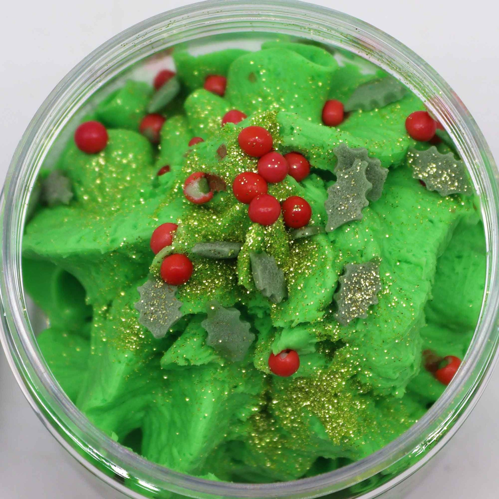 Festive Morning Whipped Soap 120g jar with delicate sugar Christmas trees and sparkling glitter on snowy winter background