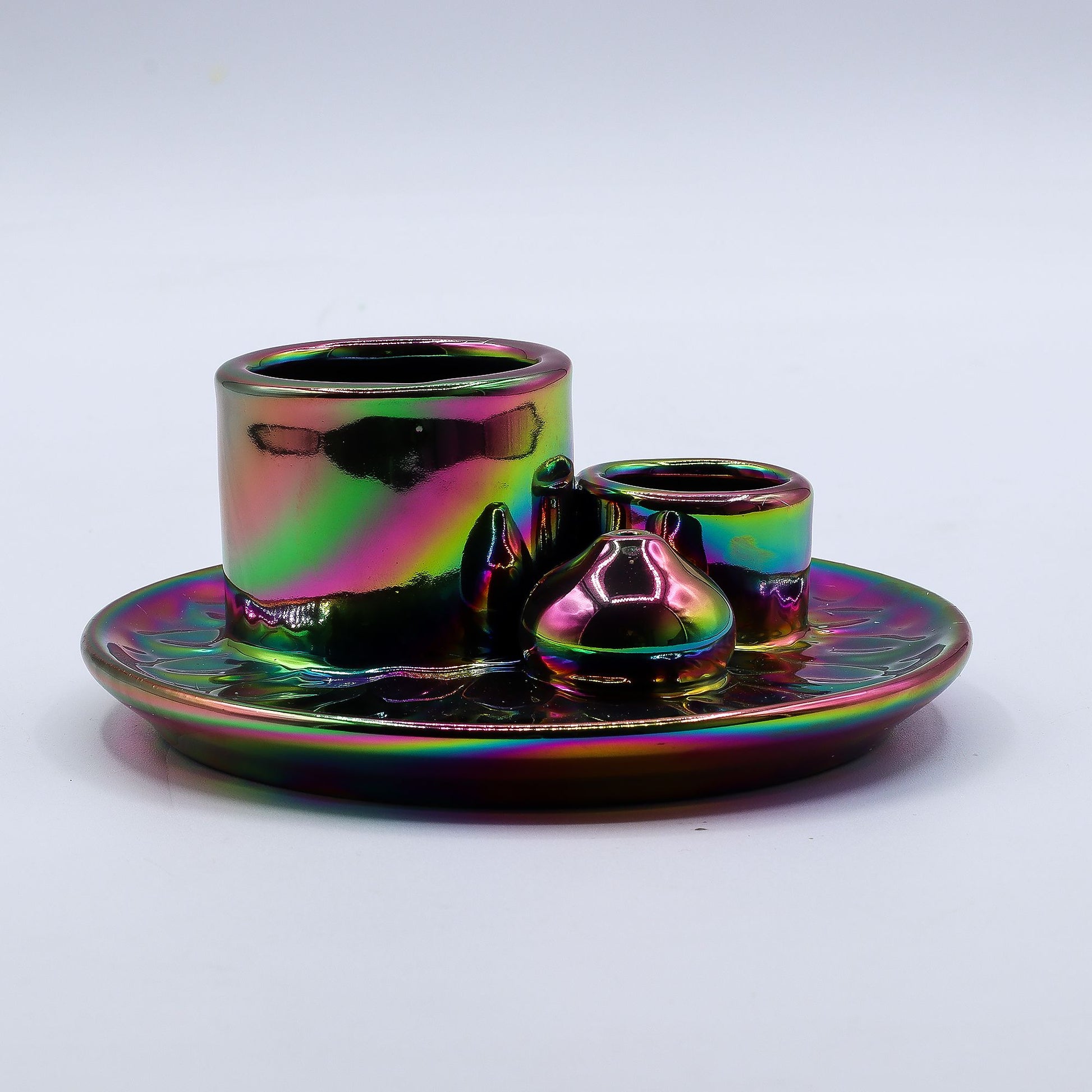 Metallic rainbow mandala ceramic smudge holder with iridescent colour-shift finish