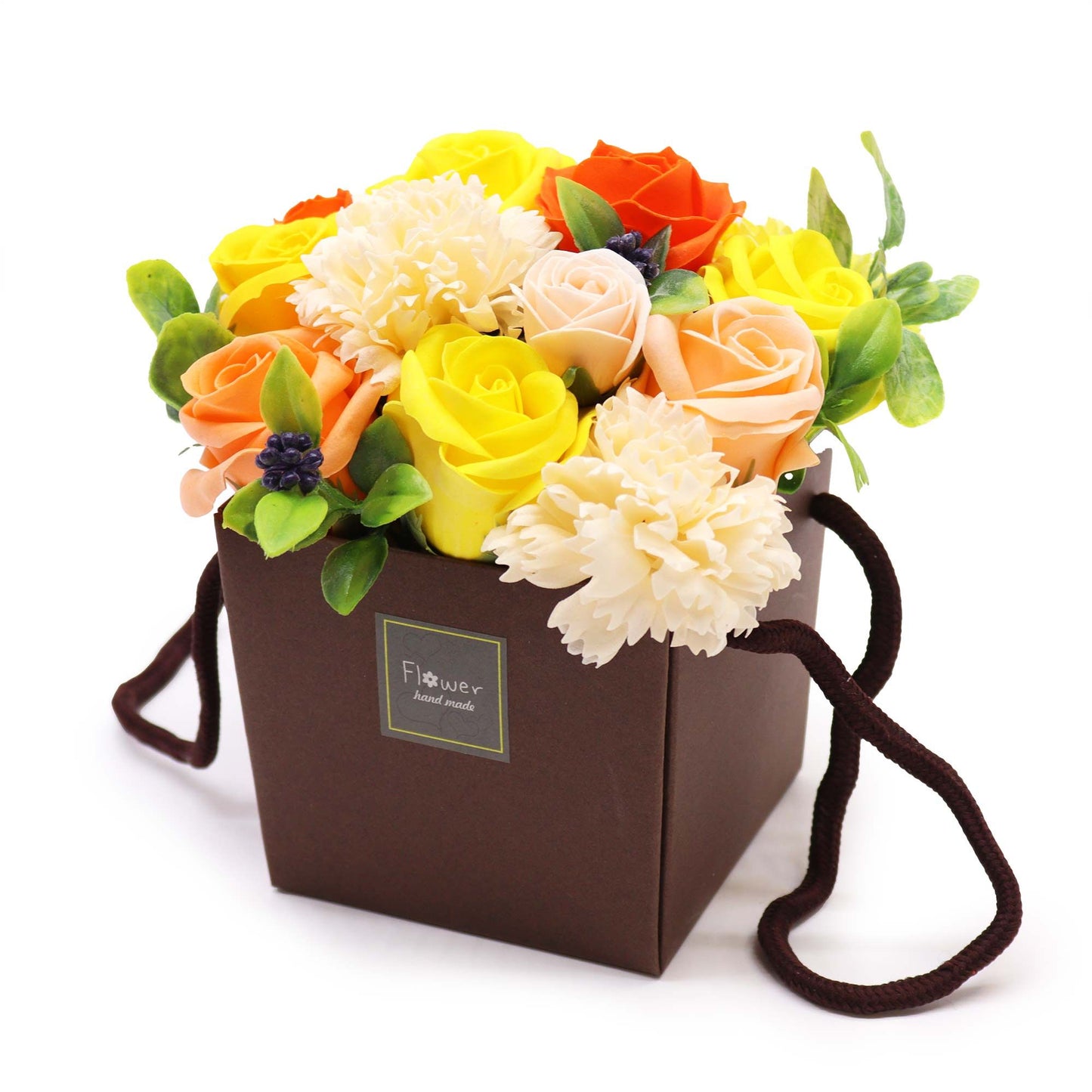 Luxury Spring Flowers soap bouquet featuring realistic pastel tulips, daisies, hyacinths & cherry blossoms, artistically arranged in elegant gift packaging with ribbon
