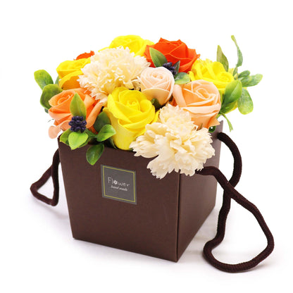 Luxury Spring Flowers soap bouquet featuring realistic pastel tulips, daisies, hyacinths & cherry blossoms, artistically arranged in elegant gift packaging with ribbon