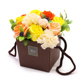 Luxury Spring Flowers soap bouquet featuring realistic pastel tulips, daisies, hyacinths & cherry blossoms, artistically arranged in elegant gift packaging with ribbon
