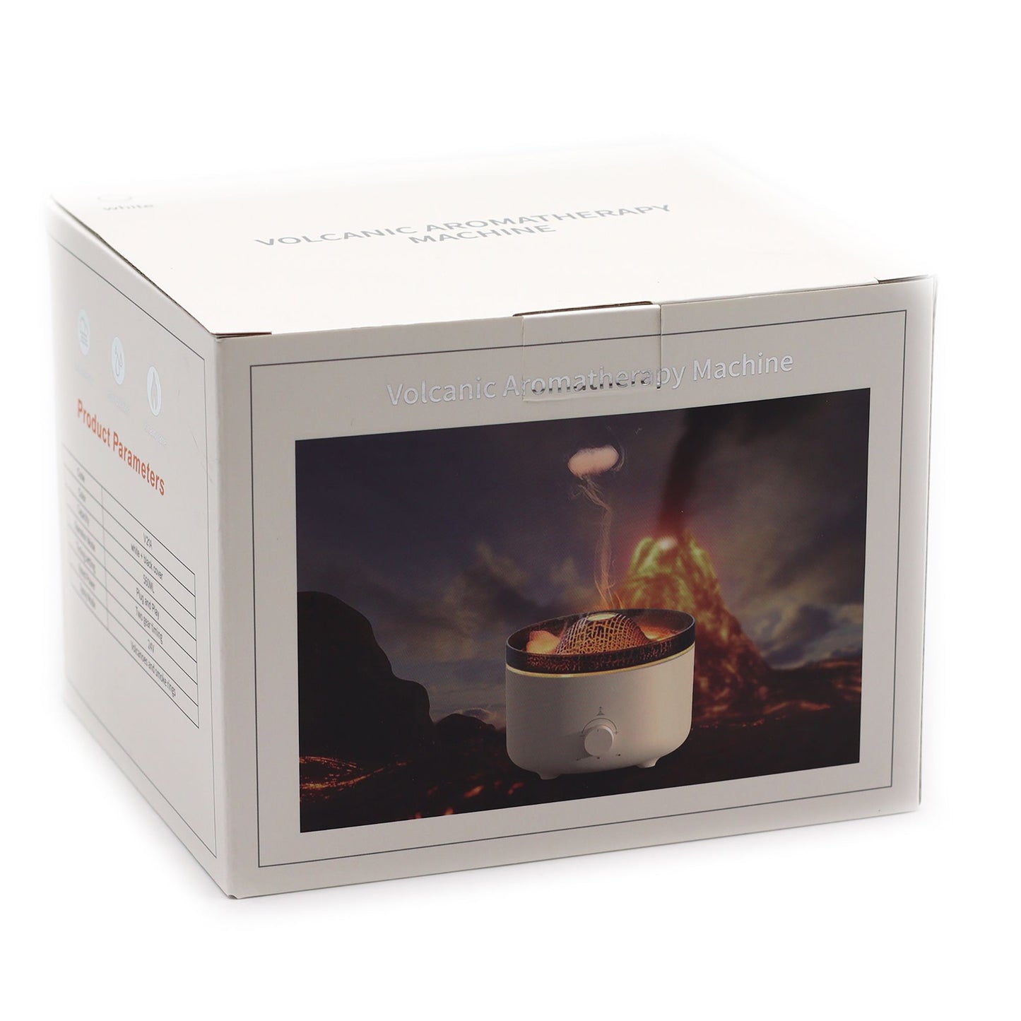 Large black volcano aroma diffuser erupting with swirling coloured mist and glowing LED ring
