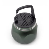 Camping Hook Green Mini Speaker hanging from tent loop with built-in carry hook, matte green metal body glowing softly