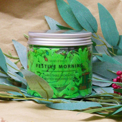 Festive Morning Whipped Soap 120g jar with delicate sugar Christmas trees and sparkling glitter on snowy winter background